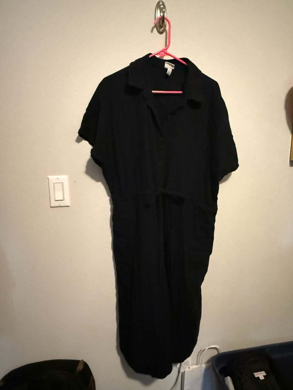 A New Day Linen Black Short Sleeve Button-Front Midi Shirt Dress